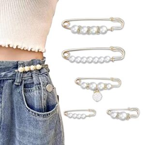 sonloka pearl brooch pins for women fashion, crafts, sweater shawl clip double gold waist pants extender safety pins,5 pcs (white)