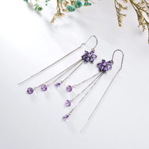 925 Sterling Silver Threader Earrings with Flower Crystal Tassel Long Charm Drop Dangle Earrings Jewelry Gifts for Women