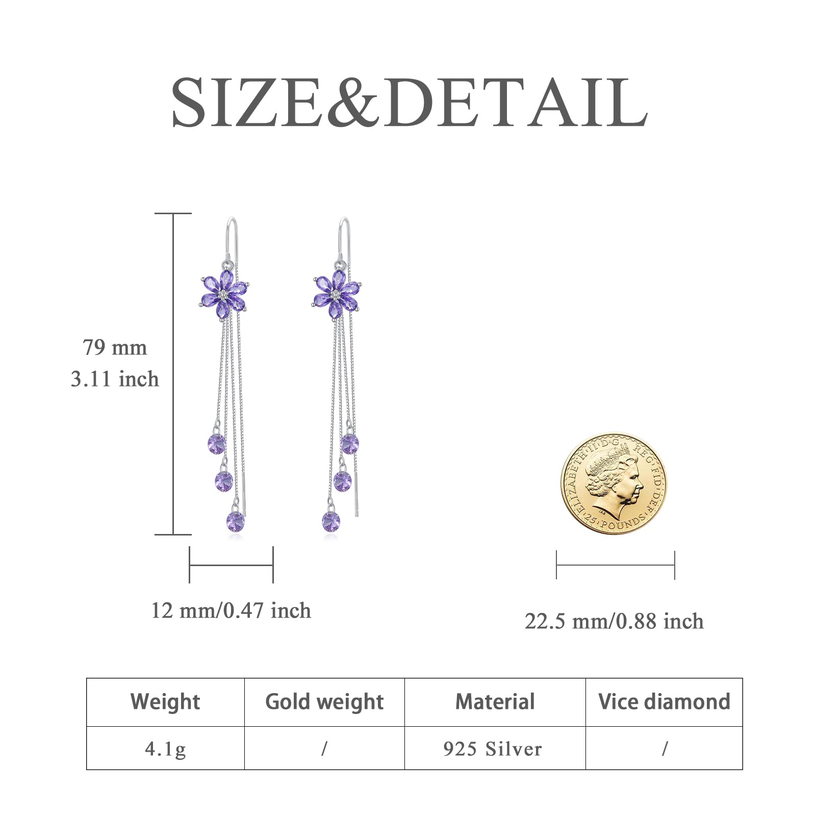 925 Sterling Silver Threader Earrings with Flower Crystal Tassel Long Charm Drop Dangle Earrings Jewelry Gifts for Women