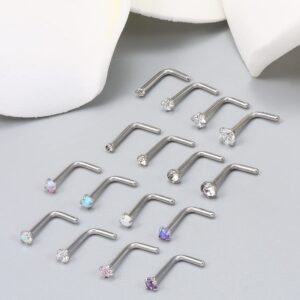 Vsnnsns 18G Opal Nose rings L Shaped Nose Studs Surgical Stainless Steel 1.5mm 2mm 2.5mm 3mm CZ Nose Rings Studs Silver Nose Rings for Women Men Girl Nose Nostrial Piercing Jewerly CZ Opal 2MM 16Pcs