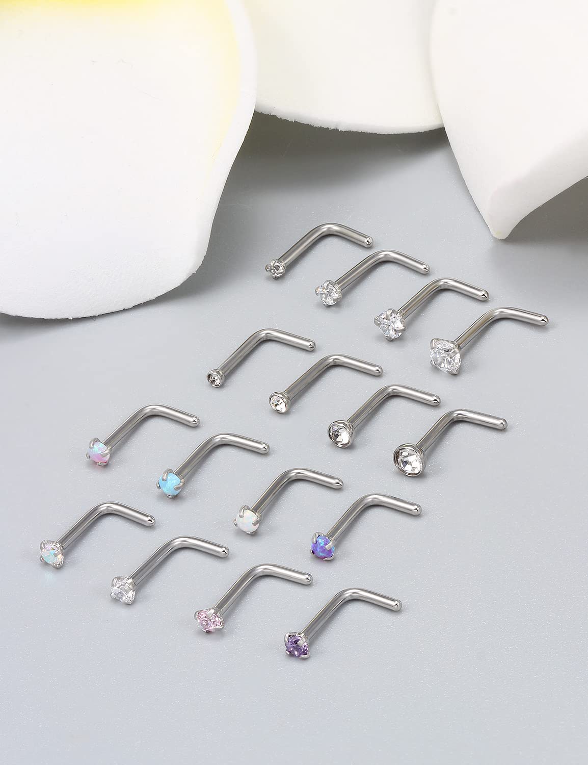 Vsnnsns 18G Opal Nose rings L Shaped Nose Studs Surgical Stainless Steel 1.5mm 2mm 2.5mm 3mm CZ Nose Rings Studs Silver Nose Rings for Women Men Girl Nose Nostrial Piercing Jewerly CZ Opal 2MM 16Pcs