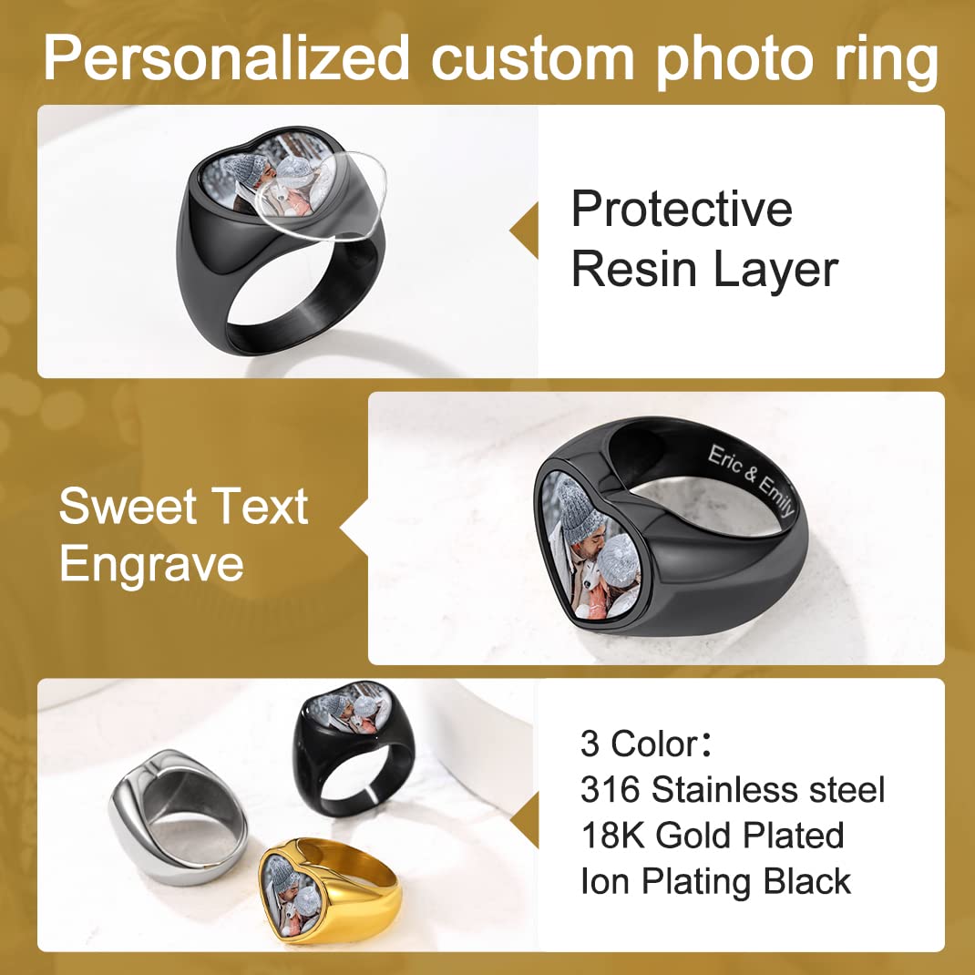 GOLDCHIC JEWELRY Heart Signet Rings With Personalised Photo, Black Pinky Ring Size K For Ladies Women