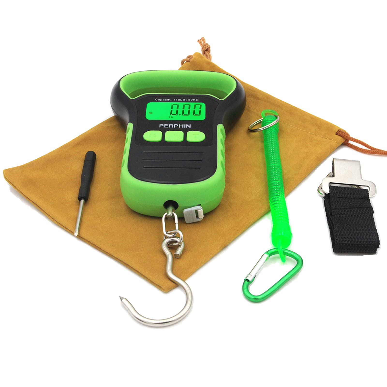 (LATEST VERSION)Fishing Scale, Rubberized Fish Scale, 110pounds/50kg, Portable Fishing Scale with Travel Pouch, Digital Fish Scale with 60 inches Ruler, Large Backlight LCD Dispaly, in Black and Green