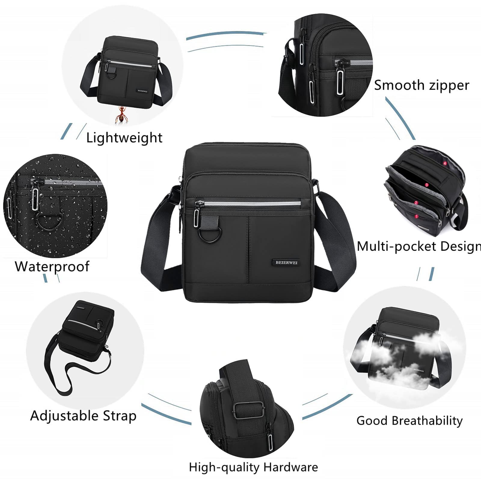 Small Men's Waterproof Messenger Bag - Ideal Crossbody Sling Purse Handbag for Work - Casual Black Shoulder Bag