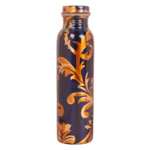 INDTRESOR Pure Copper Water Bottle - Handcrafted - Ayurveda health benefits - Large 35 oz - Leak proof - Easy to carry for Sports, Fitness, Yoga, School - Royal Blue Base Floral Golden Vines Enamel