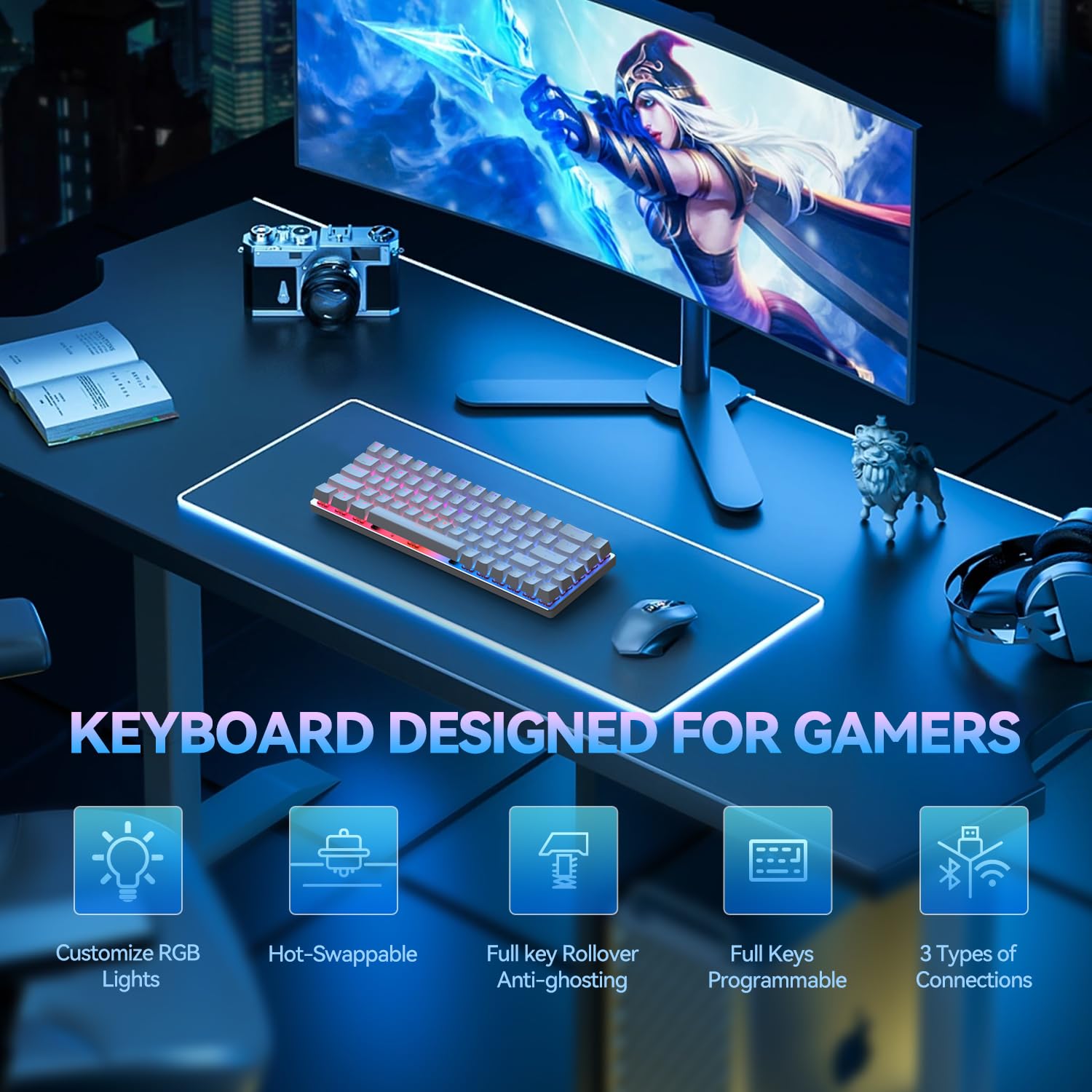 CIY X79 Wired/Wireless Bluetooth Mechanical Gaming Keyboard, RGB Backlit Ultra-Compact 65% Layout 68 Keys Gaming Keyboard, Hot Swappable Keyboard,CNC Aluminum Alloy Panel (EVO Red Switch) (White)