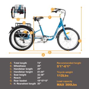 DWMEIGI Step Thru Electric Tricycle for Adult, 350W 36V 13AH Electric Trike 7 Speed with 24" Wheel for Men Women