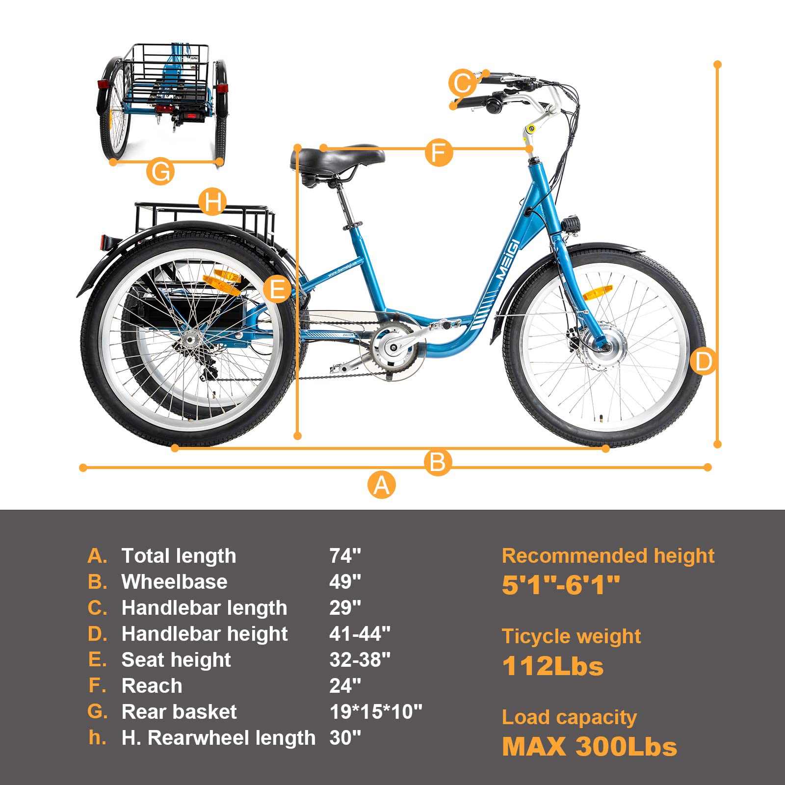 DWMEIGI Step Thru Electric Tricycle for Adult, 350W 36V 13AH Electric Trike 7 Speed with 24" Wheel for Men Women