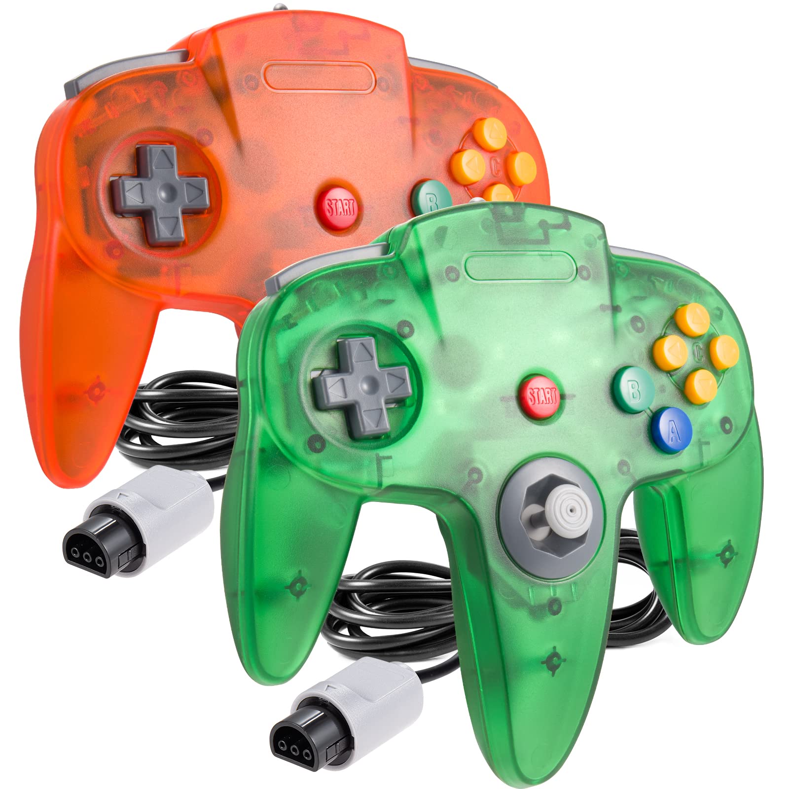 2 Pack Classic N64 Controller, suily Game pad Joystick for 64 - Plug & Play (Non PC USB Version) (Transparent Orange/Transparent Green)