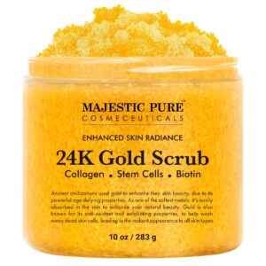 MAJESTIC PURE 24k Gold Scrub with Collagen and Biotin | Exfoliating Body Scrub for Skin Care, Stretch Marks, Acne, Cellulite | Body Scrub Exfoliator |10 oz