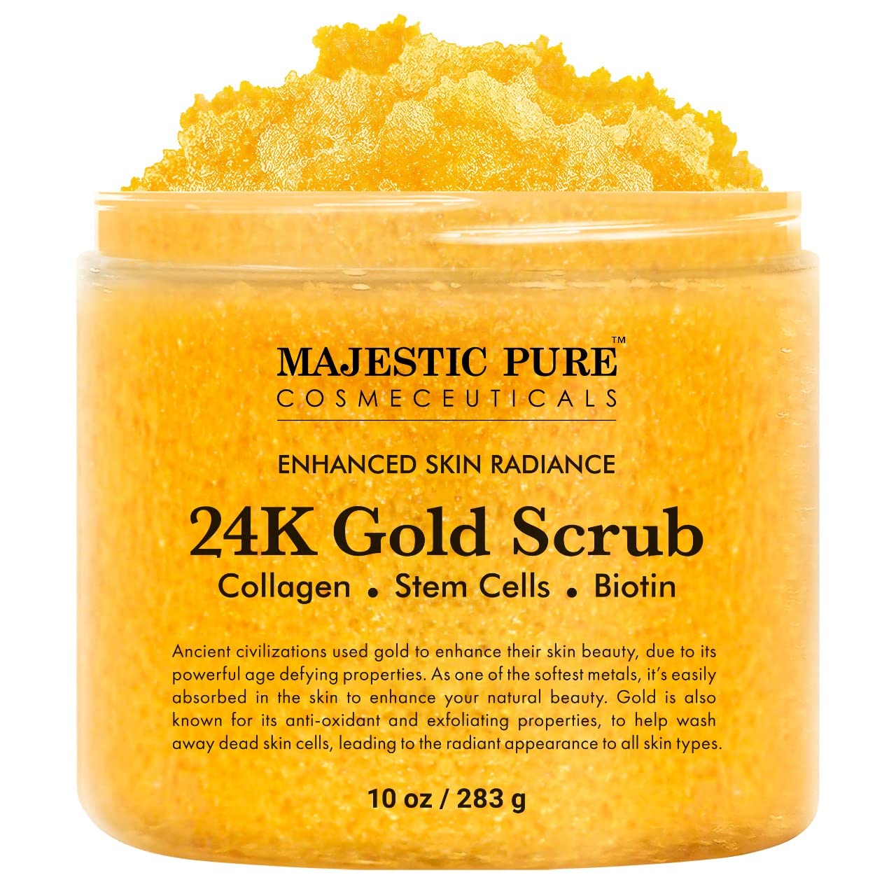 MAJESTIC PURE 24k Gold Scrub with Collagen and Biotin | Exfoliating Body Scrub for Skin Care, Stretch Marks, Acne, Cellulite | Body Scrub Exfoliator |10 oz