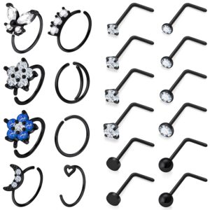 Vsnnsns 18G Nose Rings for Women Surgical Steel Nose Rings Hoops L Shaped Nose Studs Nose Hoop Rings 1.5mm 2mm 2.5mm 3mm Diamond CZ Nose Ring Nose Piercing Jewelry Black 20Pcs