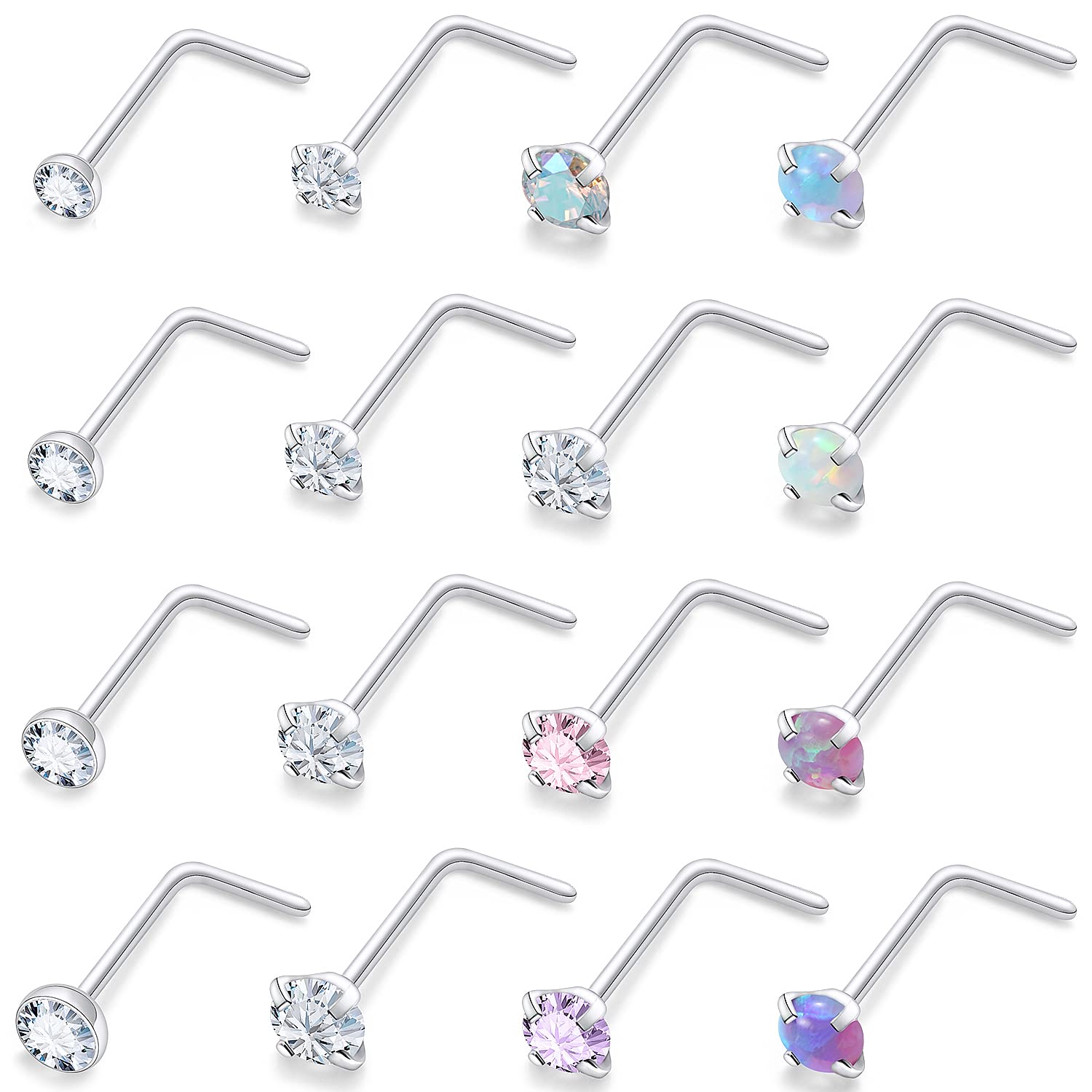 Vsnnsns 18G Opal Nose rings L Shaped Nose Studs Surgical Stainless Steel 1.5mm 2mm 2.5mm 3mm CZ Nose Rings Studs Silver Nose Rings for Women Men Girl Nose Nostrial Piercing Jewerly CZ Opal 2MM 16Pcs