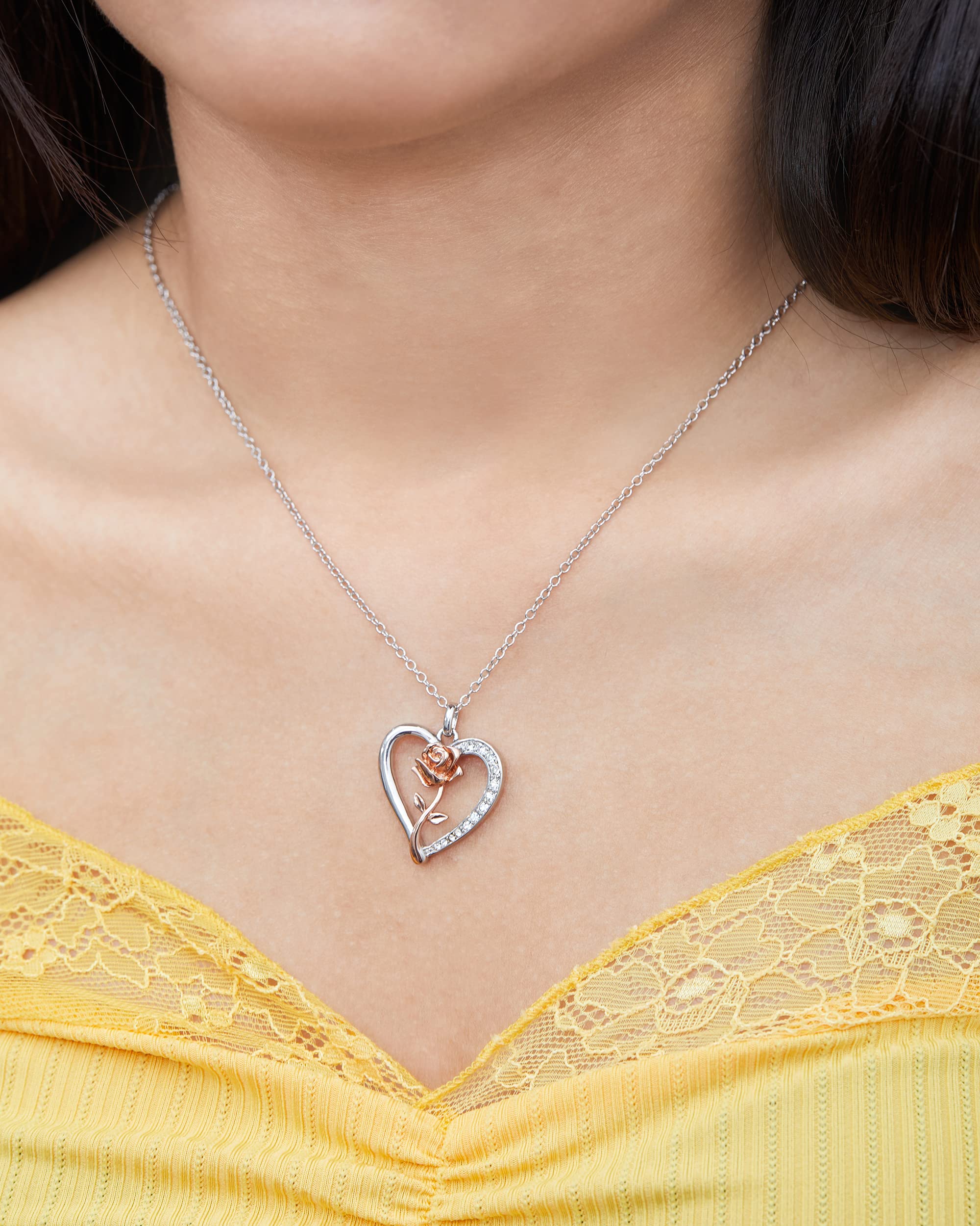 Disney Princess Beauty and the Beast Two Tone Necklace, Belle Rose Crystal Heart Pendant, 18"