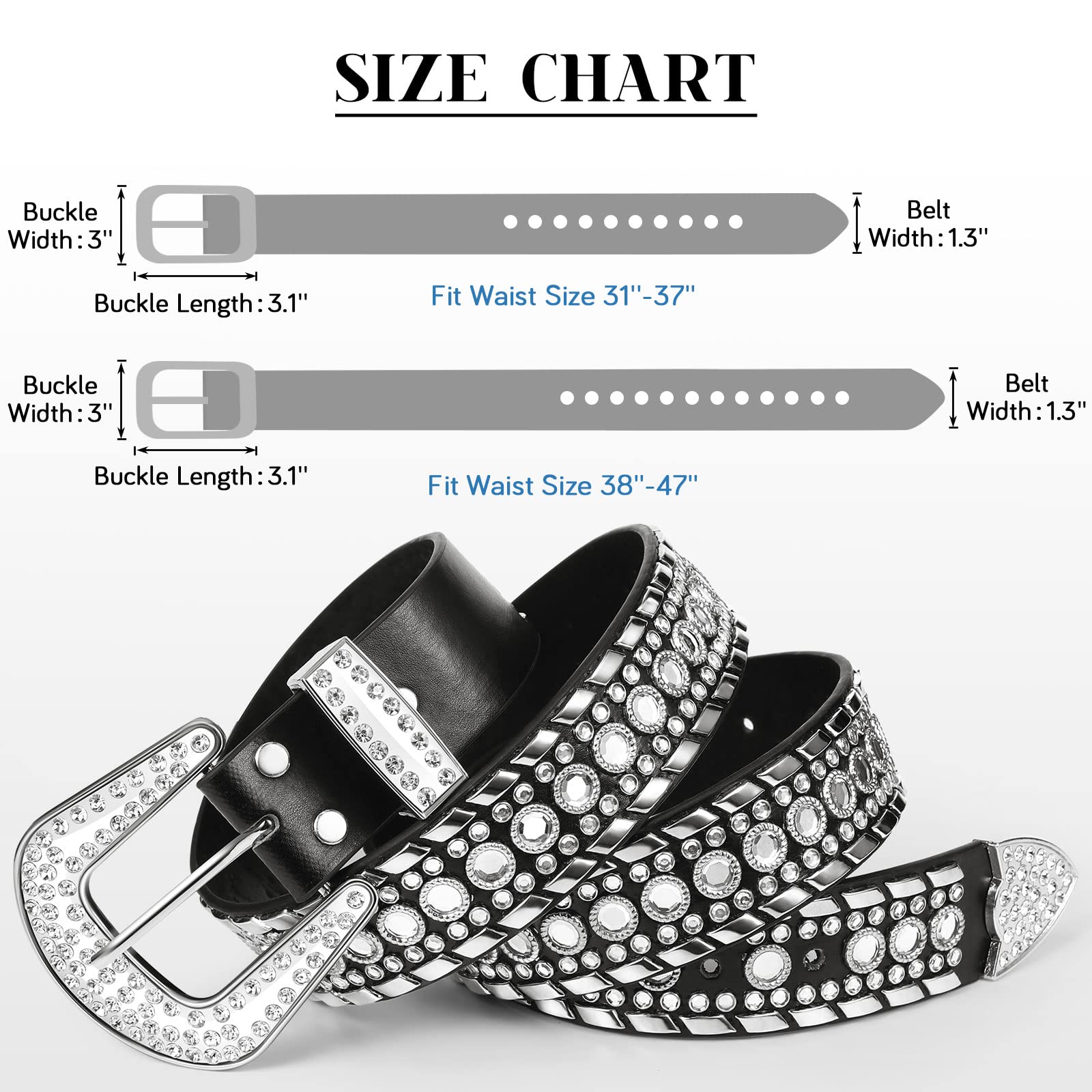 Geyoga Rhinestone Belt for Women 2 Pcs Bling Studded Leather Belt Western Studded Belt Cowgirl Belt (Fits Waist Size 31-37 Inch)