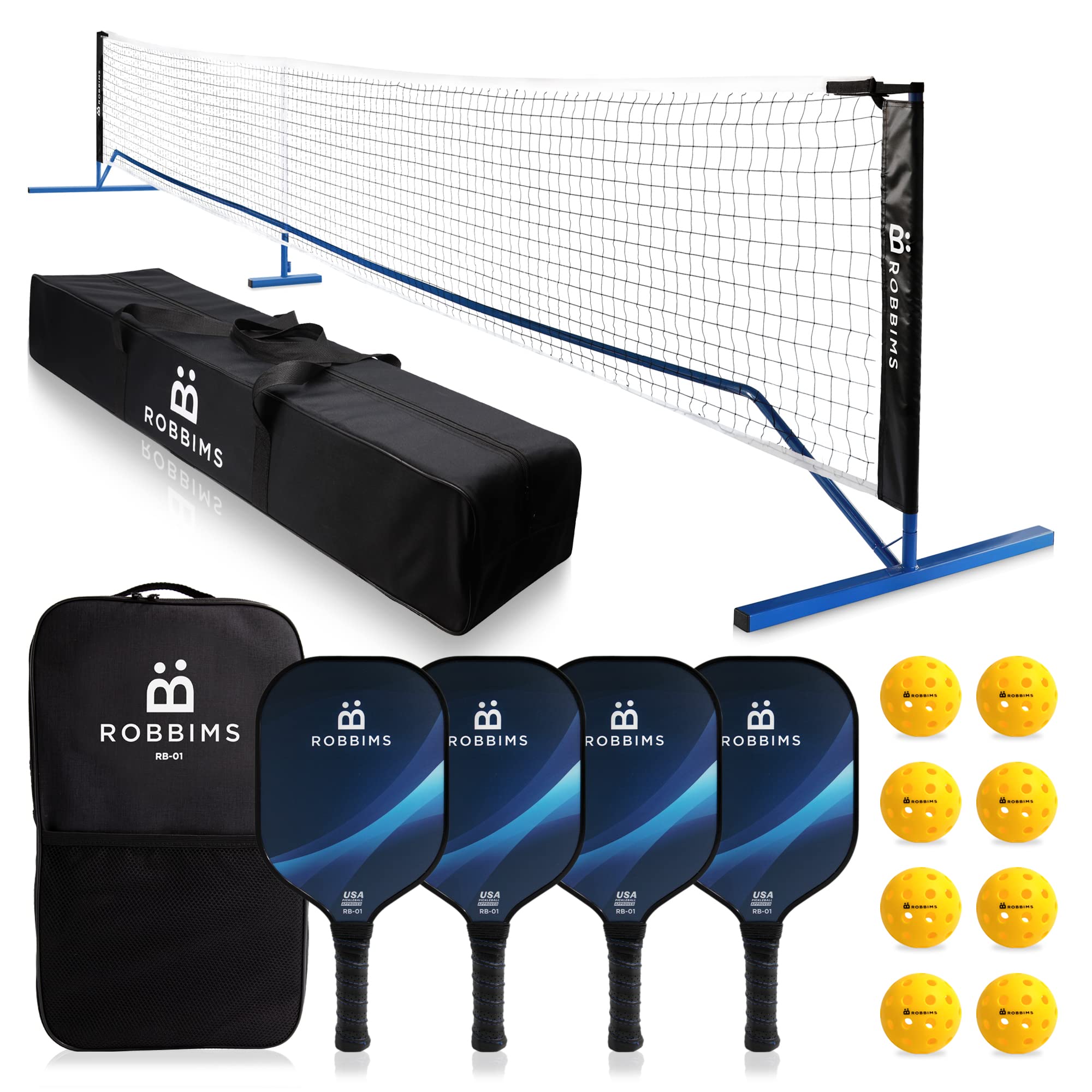 ROBBIMS Portable Pickleball Set with Net | 4 USAPA Approved Graphite Paddles, Duffle Bag, Regulation Size Pickleball Net System, Assembly Manual, 8 Outdoor Pickleball Balls and Carry Bag