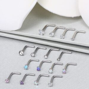 Vsnnsns 18G Opal Nose rings L Shaped Nose Studs Surgical Stainless Steel 1.5mm 2mm 2.5mm 3mm CZ Nose Rings Studs Silver Nose Rings for Women Men Girl Nose Nostrial Piercing Jewerly CZ Opal 2MM 16Pcs