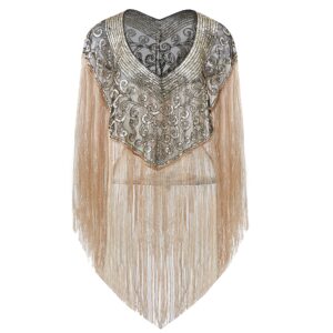 BABEYOND 1920s Shawl Wraps Long Fringed Evening Cape Sequin Beaded Party Shawl (Black Gold)