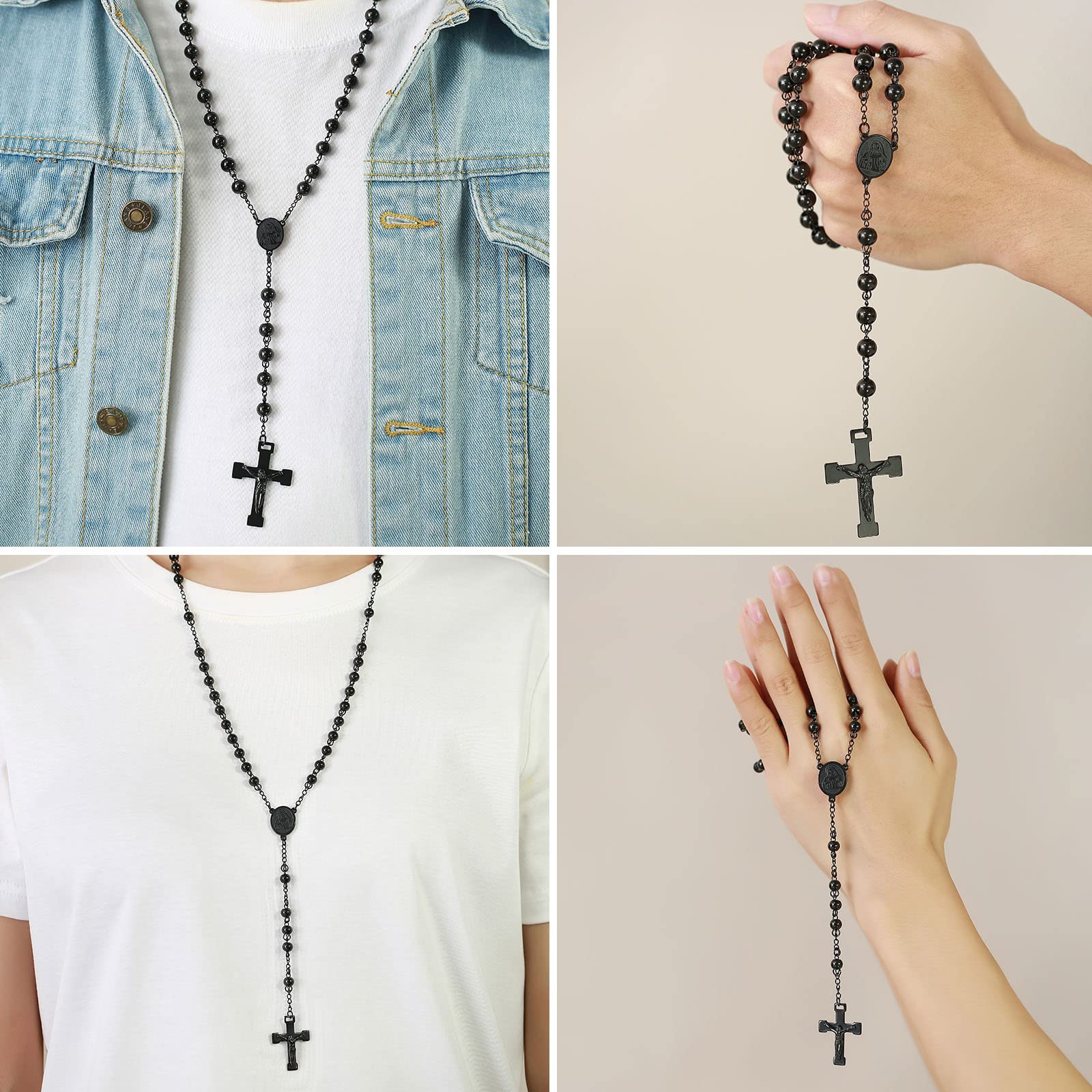 VNOX Rosary Cross Necklace for Men Women,Long Rosary Beads Catholic Cross Y Necklace with Crucifix Cross Virgin Mary Medal Pendant,6mm Bead,Black