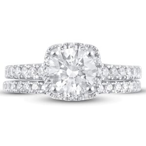 AHTAMOS Bridal Set 2-1/5 CT TW Round Cut Moissanite Engagement Ring Wedding Band Set for Women Platinum Plated Silver Size 7.5