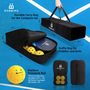 ROBBIMS Portable Pickleball Set with Net | 4 USAPA Approved Graphite Paddles, Duffle Bag, Regulation Size Pickleball Net System, Assembly Manual, 8 Outdoor Pickleball Balls and Carry Bag