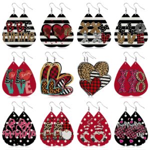 fzbali valentine's day gnome heart red pink faux leather drop black striped buffalo plaid dangle earrings zebra leopard teardrop cheetah polka dots jewelry for women set of 12