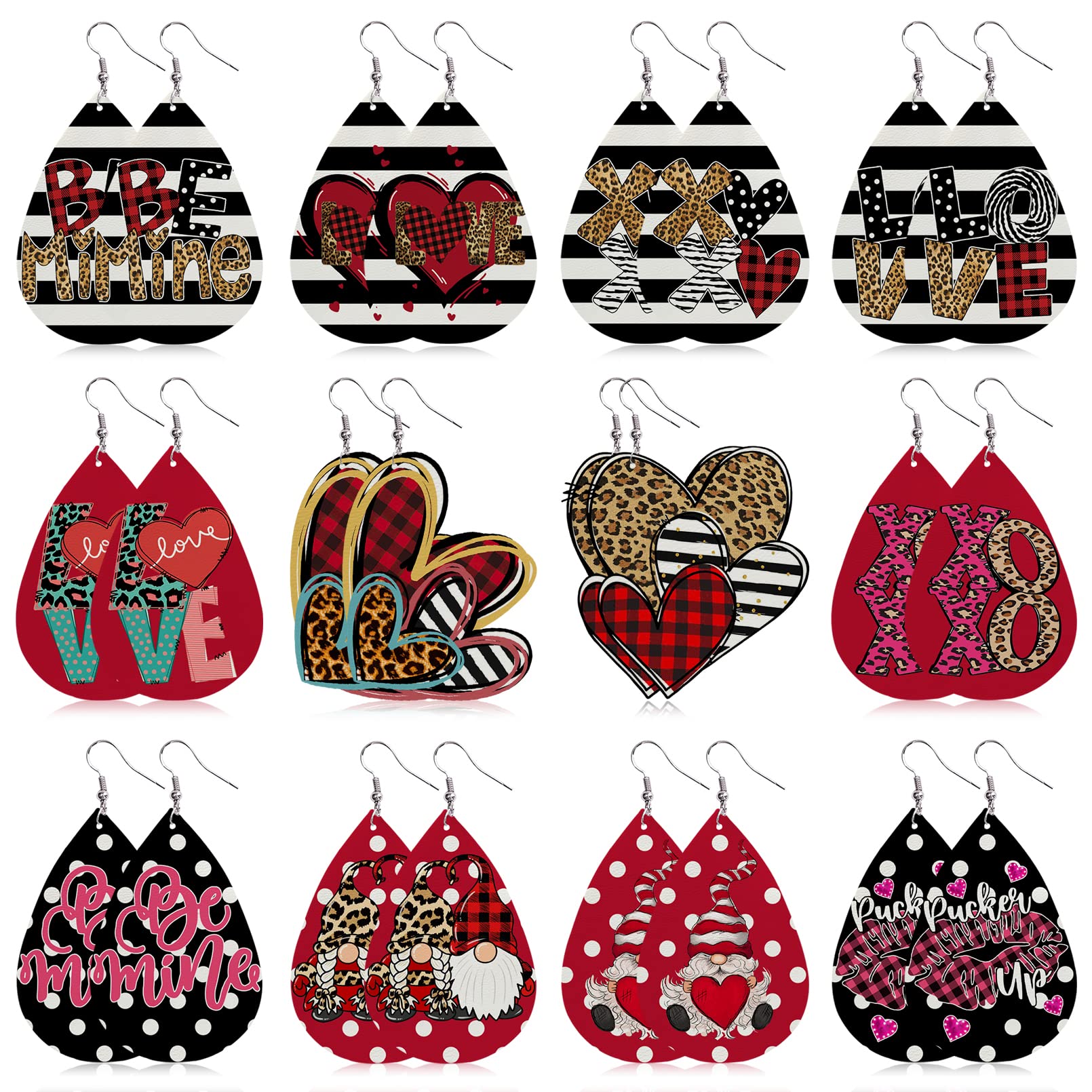 Fzbali Valentine's Day Gnome Heart Red Pink Faux Leather Drop Black Striped Buffalo Plaid Dangle Earrings Zebra Leopard Teardrop Cheetah Polka Dots Jewelry for Women Set of 12