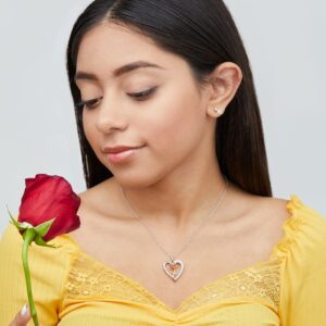 Disney Princess Beauty and the Beast Two Tone Necklace, Belle Rose Crystal Heart Pendant, 18"