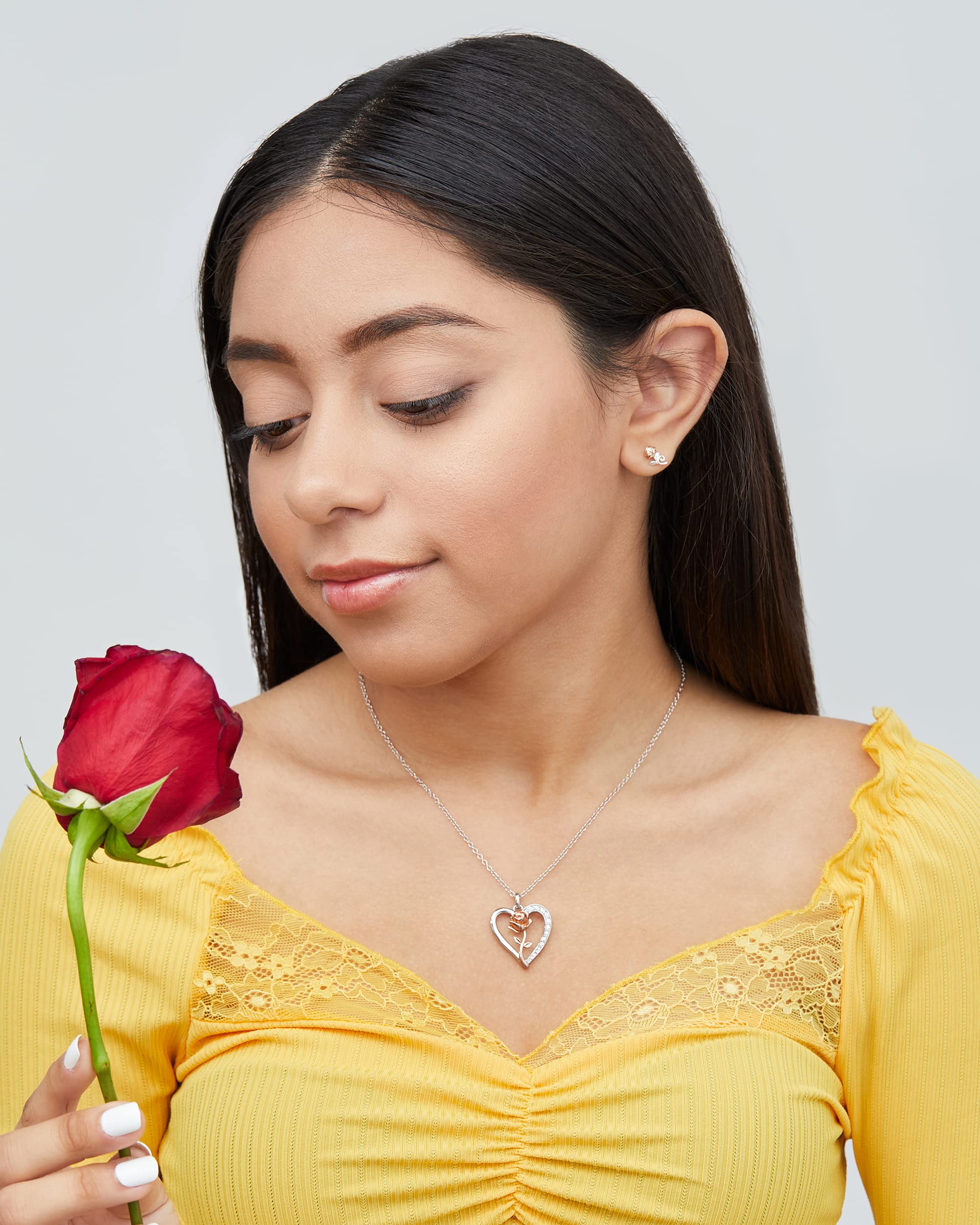 Disney Princess Beauty and the Beast Two Tone Necklace, Belle Rose Crystal Heart Pendant, 18"