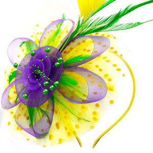 JSSYCG Mardi Gras Fascinator Cocktail Tea Party Headwear Feather Chiffon Flower Headband for Women Girls, Multicolor