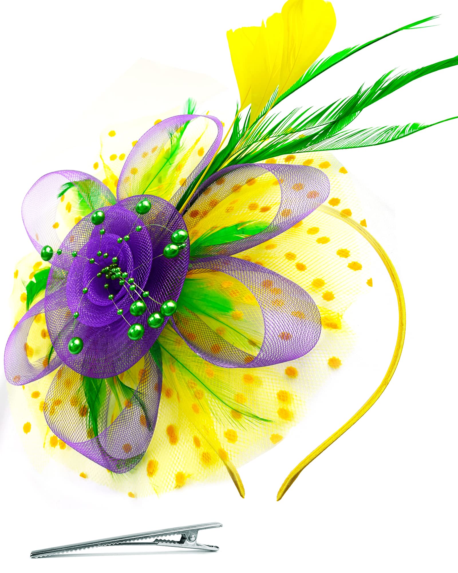 JSSYCG Mardi Gras Fascinator Cocktail Tea Party Headwear Feather Chiffon Flower Headband for Women Girls, Multicolor