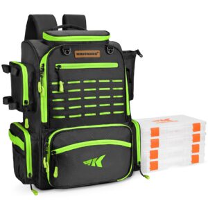 kastking bait boss fishing tackle backpack with rod holders-4 tackle boxes-rain cover,43l large storage for fishing gear,green