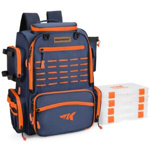 kastking bait boss fishing tackle backpack with rod holders-4 tackle boxes-rain cover,43l large storage for fishing gear,orange