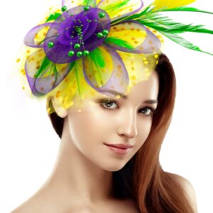 JSSYCG Mardi Gras Fascinator Cocktail Tea Party Headwear Feather Chiffon Flower Headband for Women Girls, Multicolor