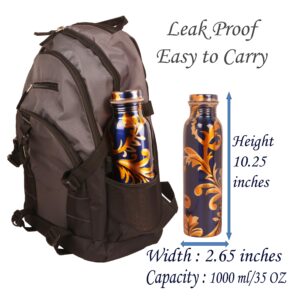 INDTRESOR Pure Copper Water Bottle - Handcrafted - Ayurveda health benefits - Large 35 oz - Leak proof - Easy to carry for Sports, Fitness, Yoga, School - Royal Blue Base Floral Golden Vines Enamel