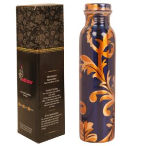 INDTRESOR Pure Copper Water Bottle - Handcrafted - Ayurveda health benefits - Large 35 oz - Leak proof - Easy to carry for Sports, Fitness, Yoga, School - Royal Blue Base Floral Golden Vines Enamel