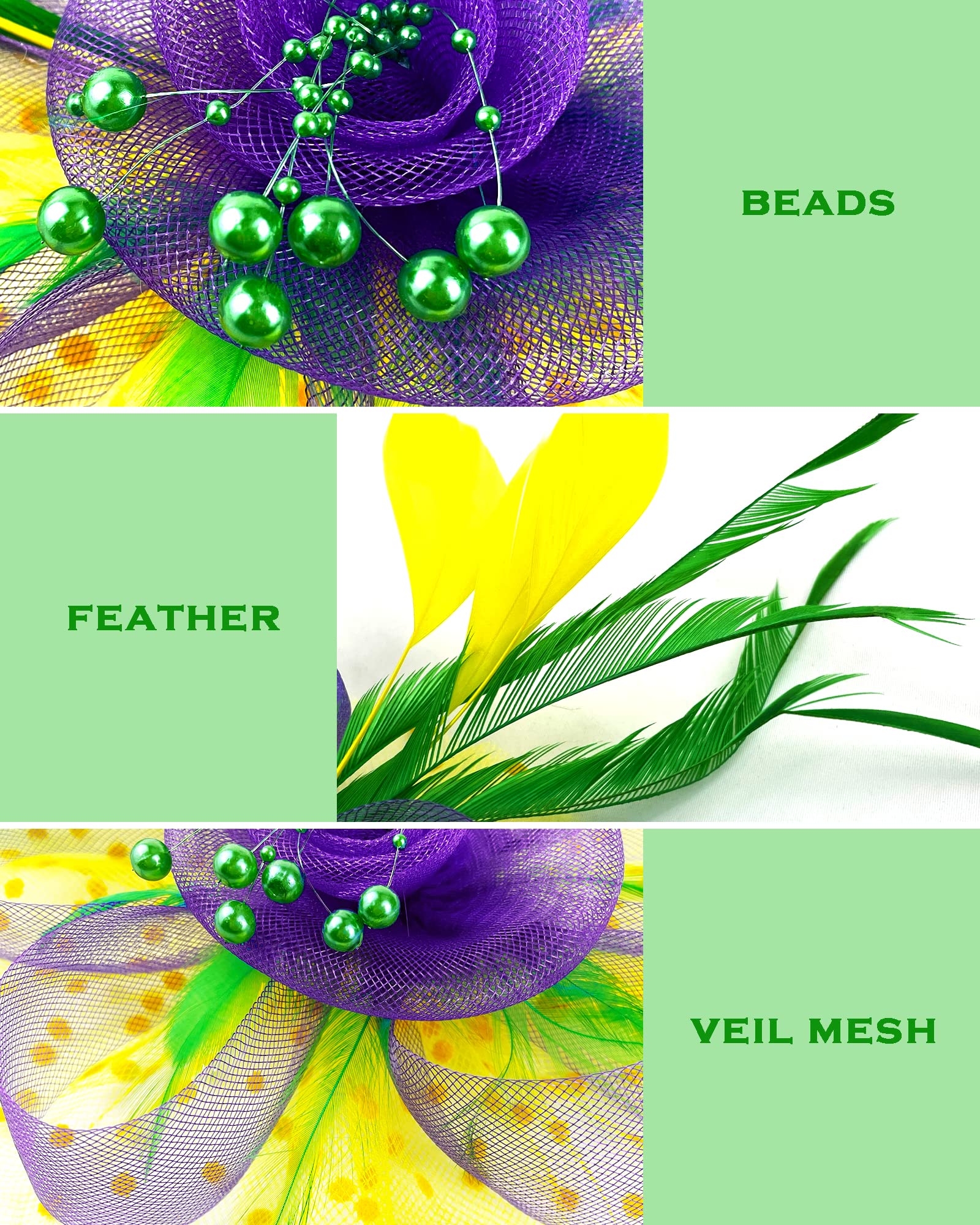 JSSYCG Mardi Gras Fascinator Cocktail Tea Party Headwear Feather Chiffon Flower Headband for Women Girls, Multicolor