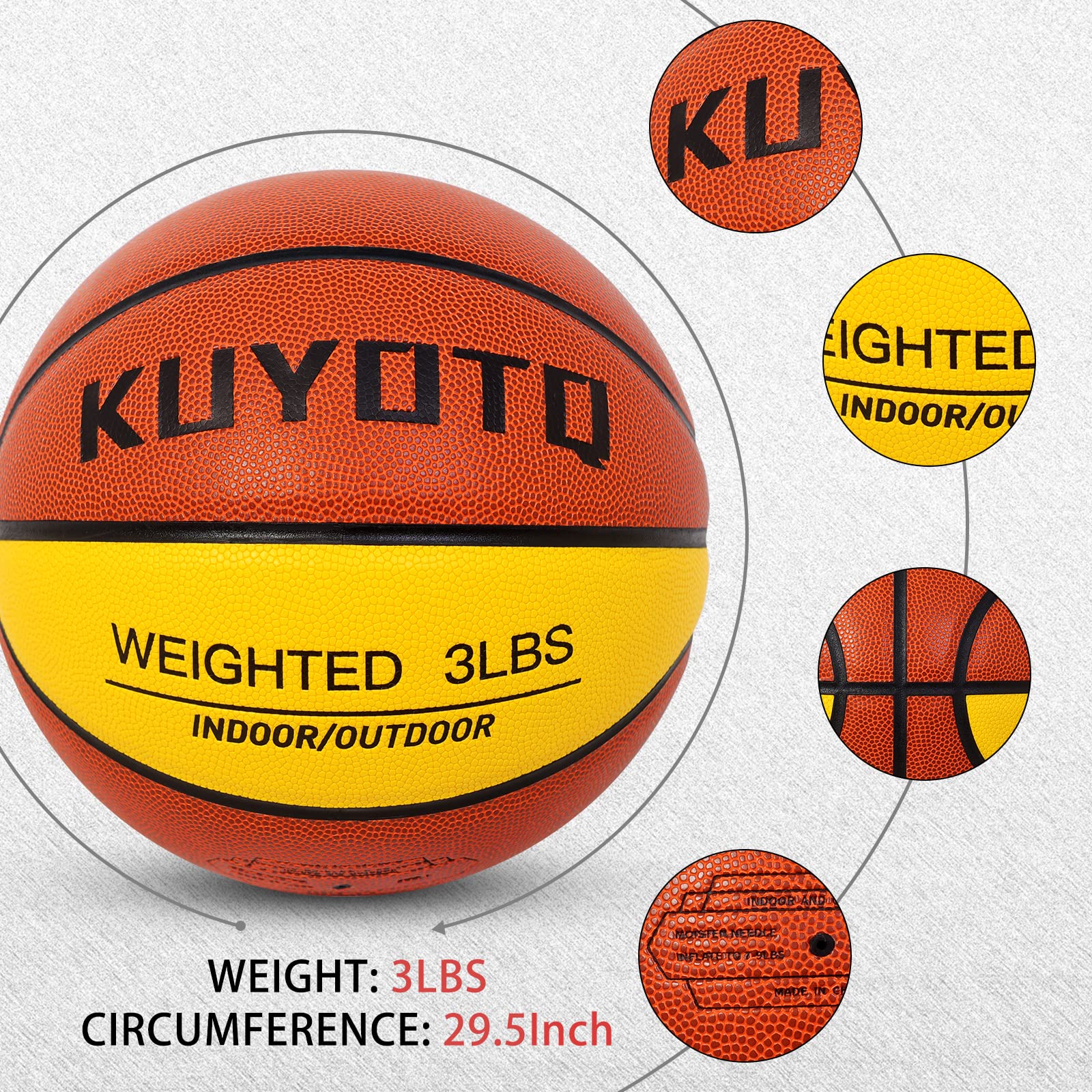 KUYOTQ 3lbs 29.5" Weighted Basketball Composite Indoor Outdoor Heavy Trainer Basketball for Improving Ball Handling Dribbling Passing and Rebounding Skill (deflated, Size 7)