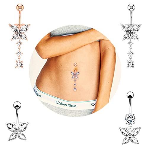 COLORFUL BLING Dangle Belly Button Rings 316L Surgical Steel Belly Rings,14G Butterfly Belly Button Ring Dangling CZ Belly Piercing Jewelry for Women- Long Pattern