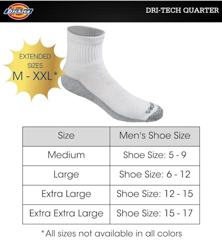 Dickies Men's Big & Tall Dri-Tech Moisture Control Quarter Socks, Available in M-XXL (6, 18, White (12 Pairs), XX-Large