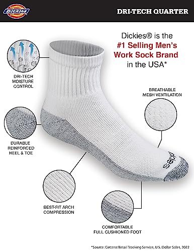 Dickies Men's Big & Tall Dri-Tech Moisture Control Quarter Socks, Available in M-XXL (6, 18, White (12 Pairs), XX-Large