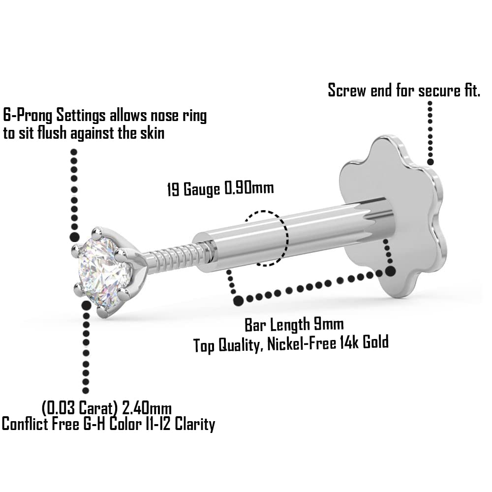 Eternaldia 2.33mm/2.4mm/4.25mm Real Diamond Nose Ring 14K Gold Nose Stud in 18, 19 & 19.5 Gauge / Diamond Nose Stud For Women Diamond Color- G-H Diamond Clarity- I1-I2 (2.4mm White Diamond 19G 6-Prongs Nose Stud)