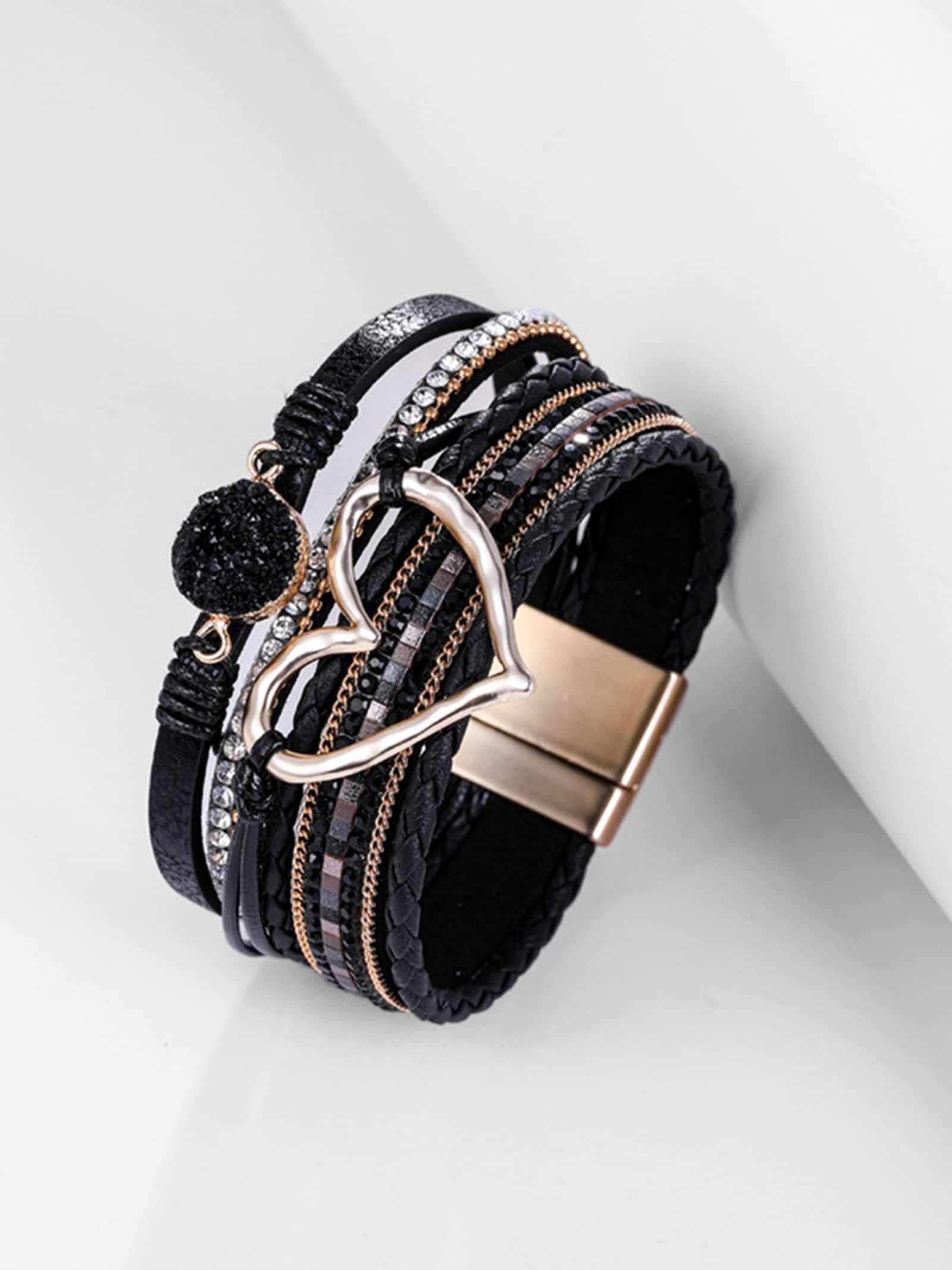 Dcfywl731 Multilayer Wrap Leather Bracelet Heart Modern Boho Bracelet Clasp Cuff Rhinestone Leather Bracelets for Women (Black)