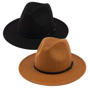 【2 Pack】 Fedora Hats for Women Fashionable Classic Wide Brim Womens Fedora Hat (Black + Khaki)