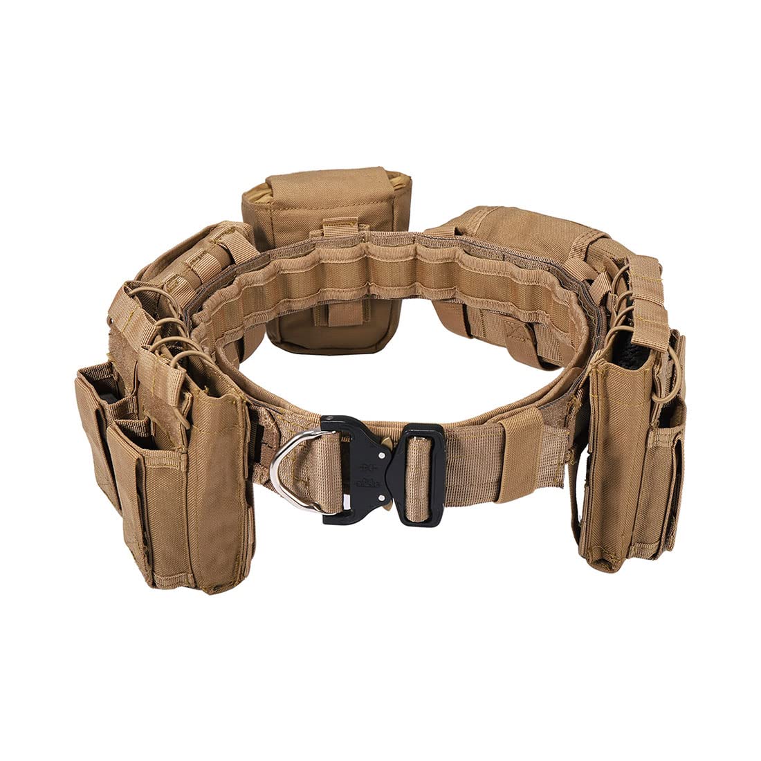 FINER SHOP Tactical Belt, Military Style Webbing Riggers with 5 Accessories Bag, MOLLE Battle Belt for Hiking and Camping