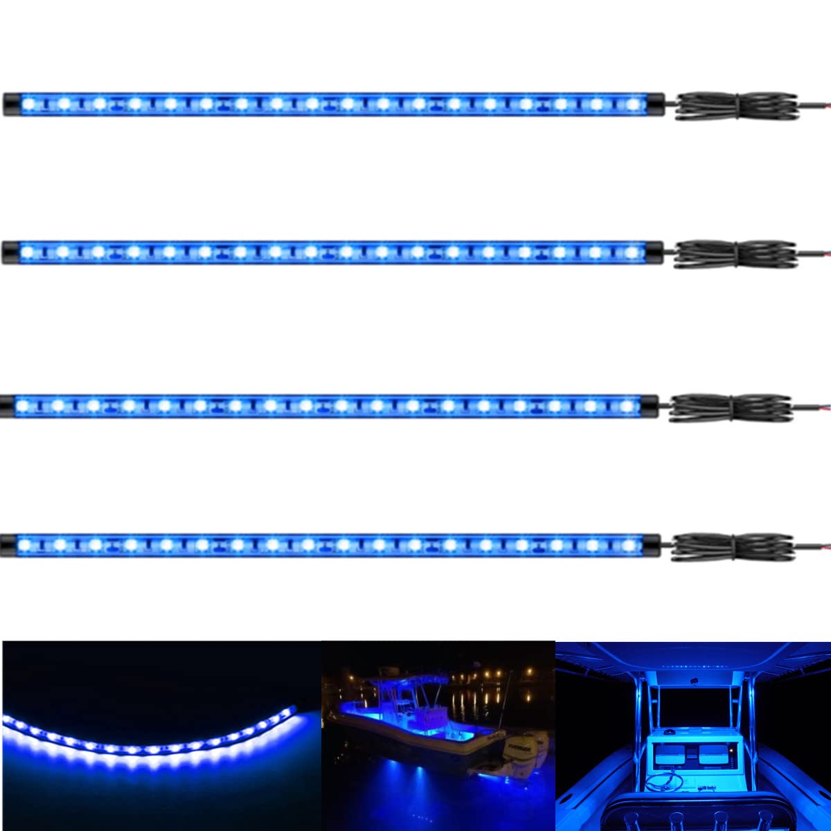 Vbakor Boat Led Strip Lights, 4 Pcs 24'' Marine Boat Interior Courtesy Deck Navigation Lights, Super Bright Waterproof Marine Led Lights Strip for 12V Pontoon Fishing Boat Yacht Kayak Sailboat (Blue)