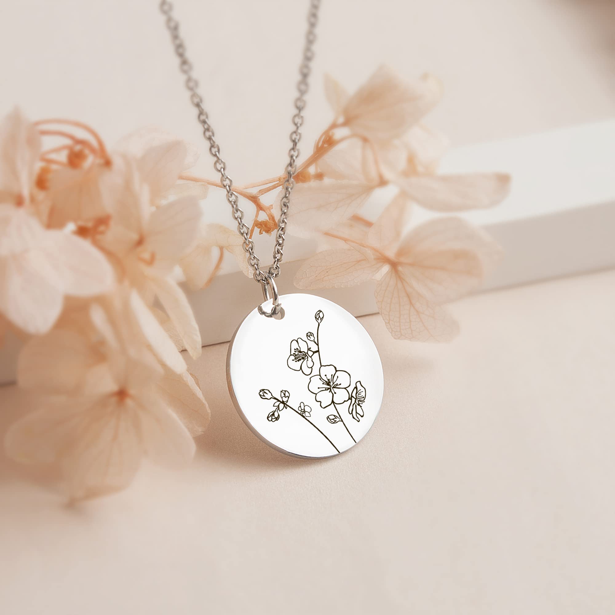 Anavia Birth Month Flower Necklace Birthday Gifts, Personalized Engraved Floral Coin Necklace, Customized Love Jewelry Necklace for Her Mom Sister Girlfriend Lily Poppy Sunflower (Silver)