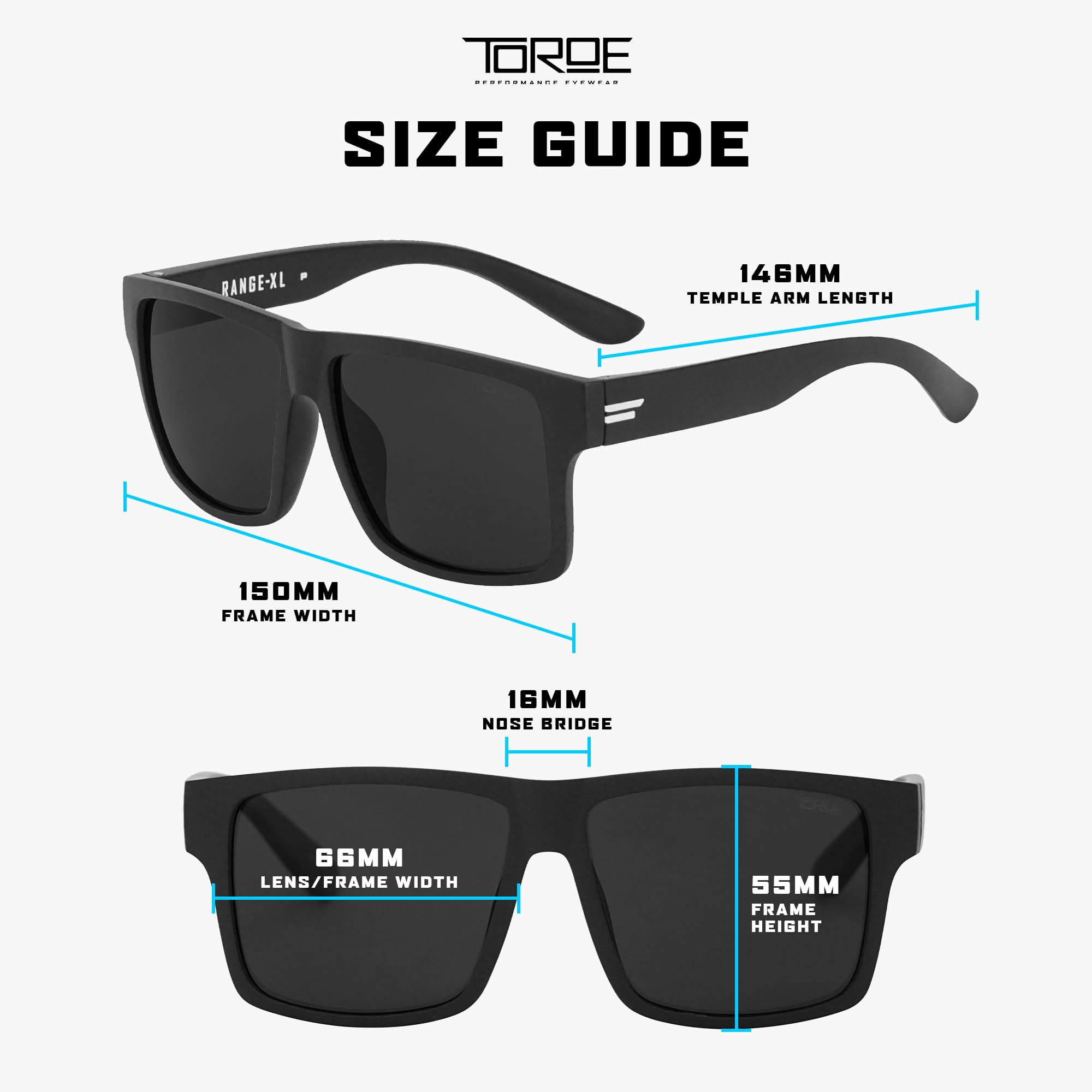 TOROE Eyewear Matte Black RANGE XL Frame Sunglasses Light Weight TR90 Frame, Polarized Polycarbonate Lens (Matte Black | White Emblem, Black (C4))