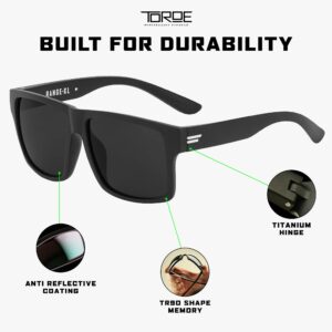 TOROE Eyewear Matte Black RANGE XL Frame Sunglasses Light Weight TR90 Frame, Polarized Polycarbonate Lens (Matte Black | White Emblem, Black (C4))