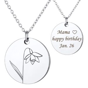 Anavia Birth Month Flower Necklace Birthday Gifts, Personalized Engraved Floral Coin Necklace, Customized Love Jewelry Necklace for Her Mom Sister Girlfriend Lily Poppy Sunflower (Silver)